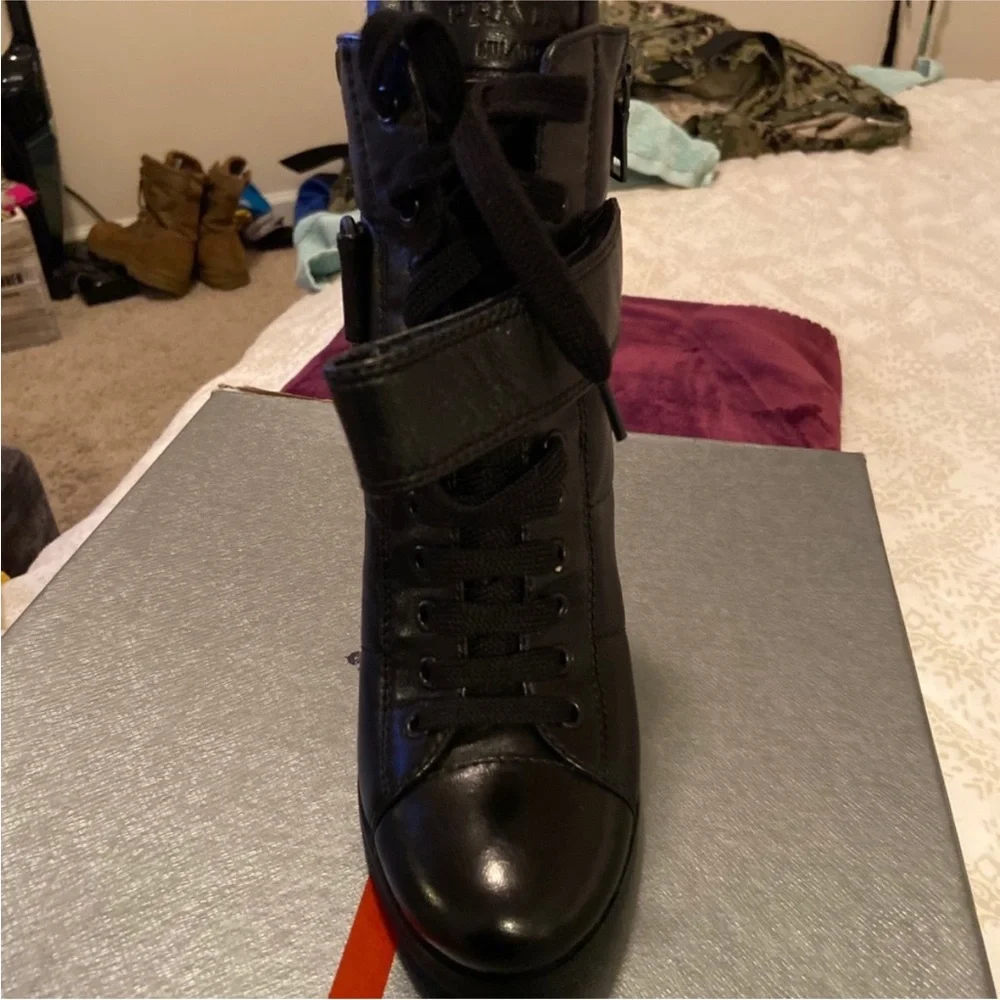 Prada Black Leather High-Heel Lace-Up Ankle Boot with Strap - Picture 4 of 7